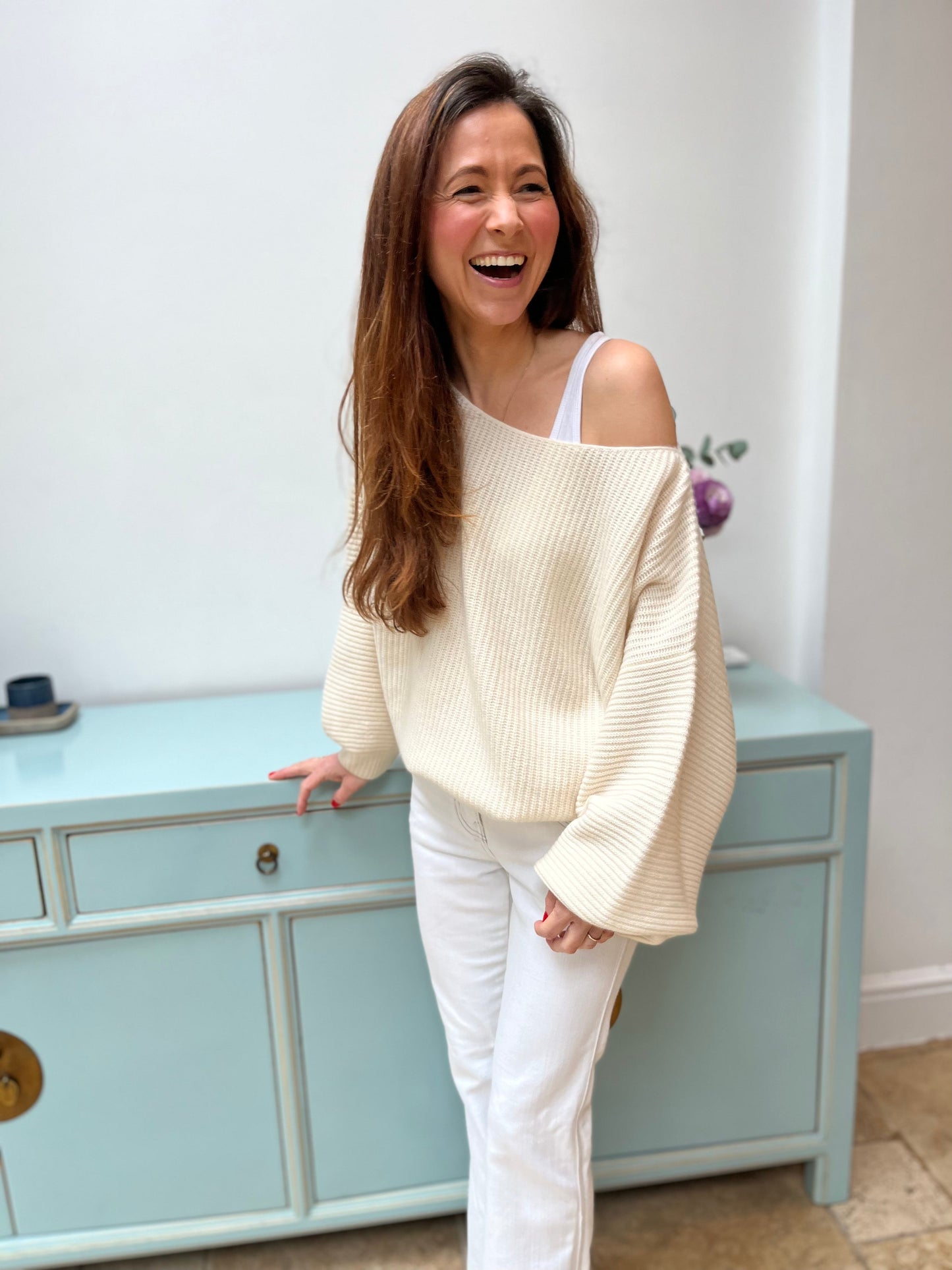 Fifi Off-The-Shoulder Cashmere Sweater Antique White